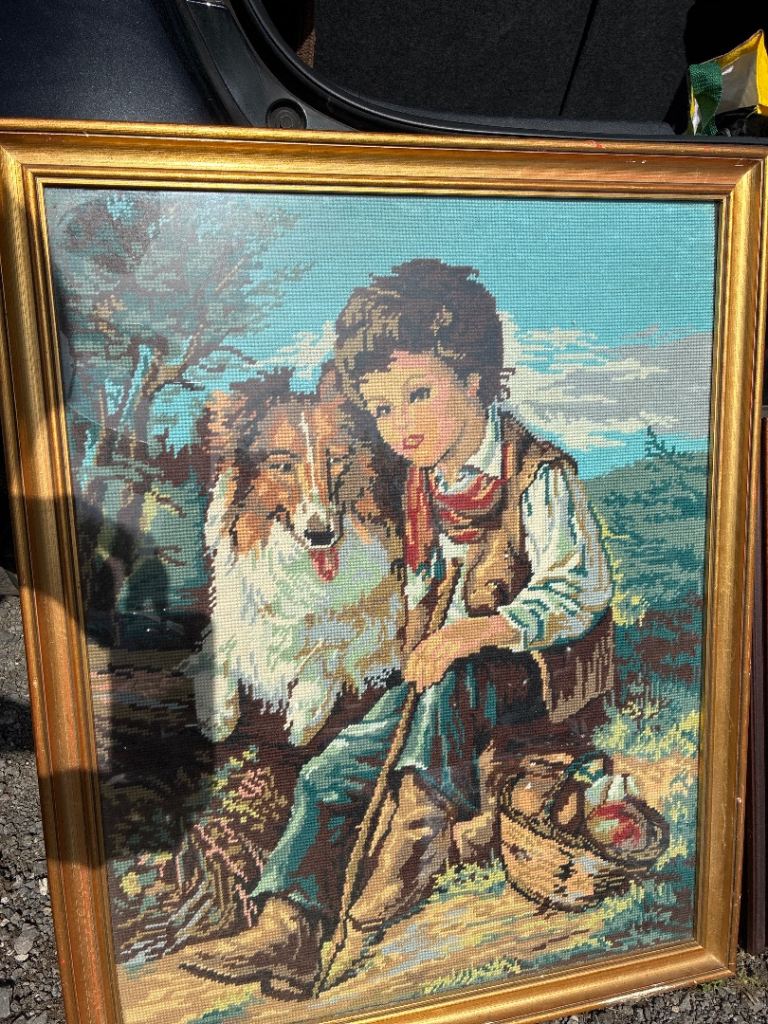 Large needlepoints boy with dog 