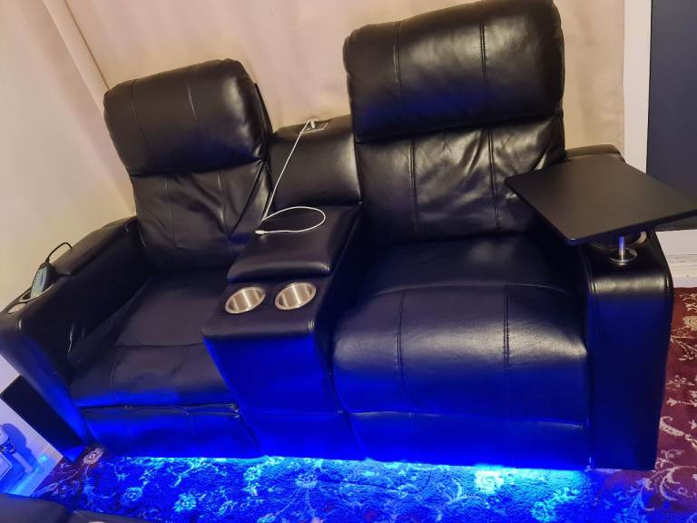 Black Air Leather Recliner Cinema Sofa with Cup Holders & Tray for £5