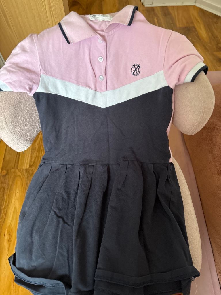 Girls Pink, White & Navy Polo Dress - Good Condition