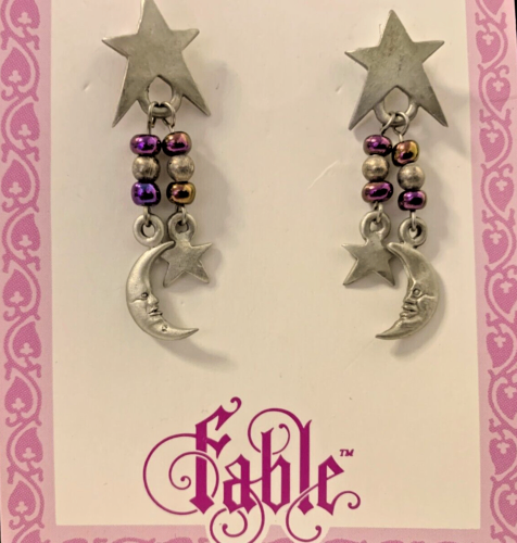 Silver & Pewter diamond cut star & crescent moon earrings with multic coloured beads