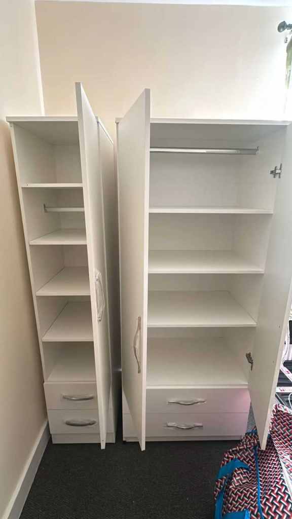 White Wardrobe and Shelving Unit Set – Good Condition