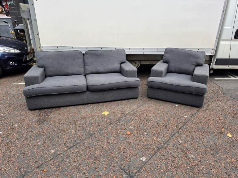 3 seater and 1 seater in a grey fabric    Only £175   professional deep clean extra £99