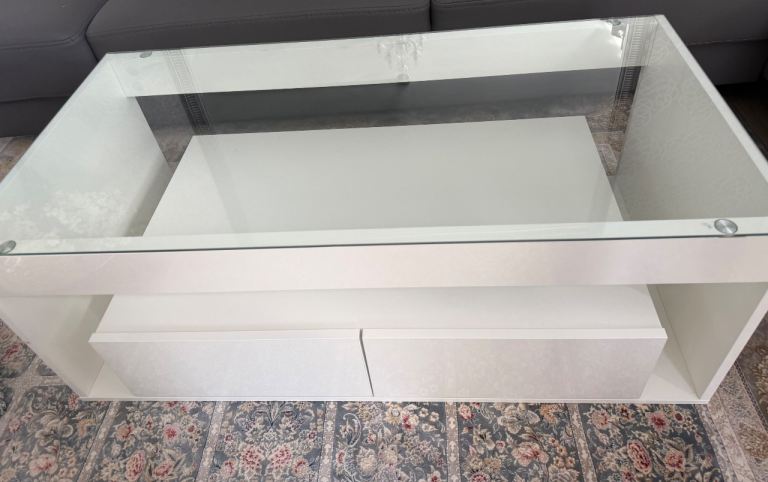 High gloss white coffee table with glass top 