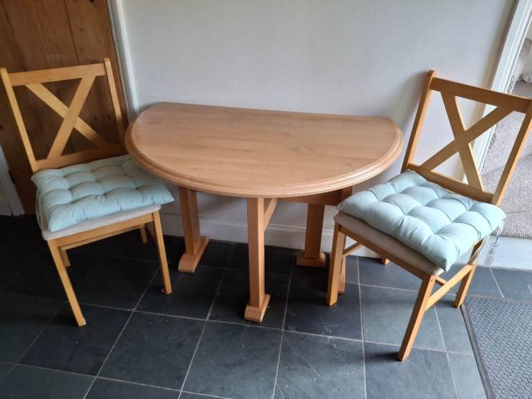 Wooden Demi-Lune Dining Table with Two Chairs – Good Condition