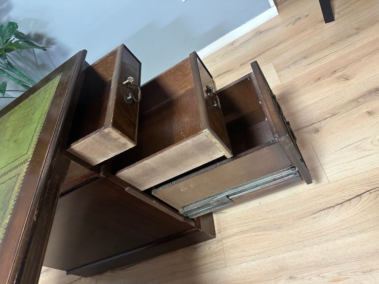 Large Antique Style Captains Bankers Desk Green Leather Twin Pedestal Partners #32