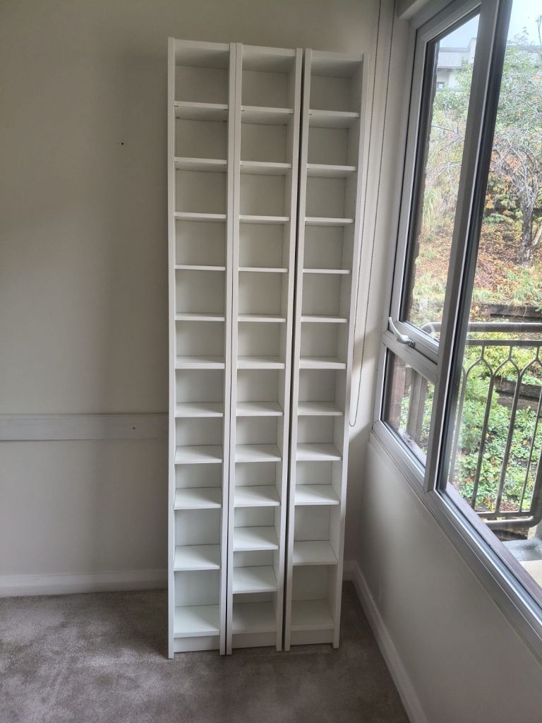 Three White Wooden CD/DVD Storage Towers – Good Condition