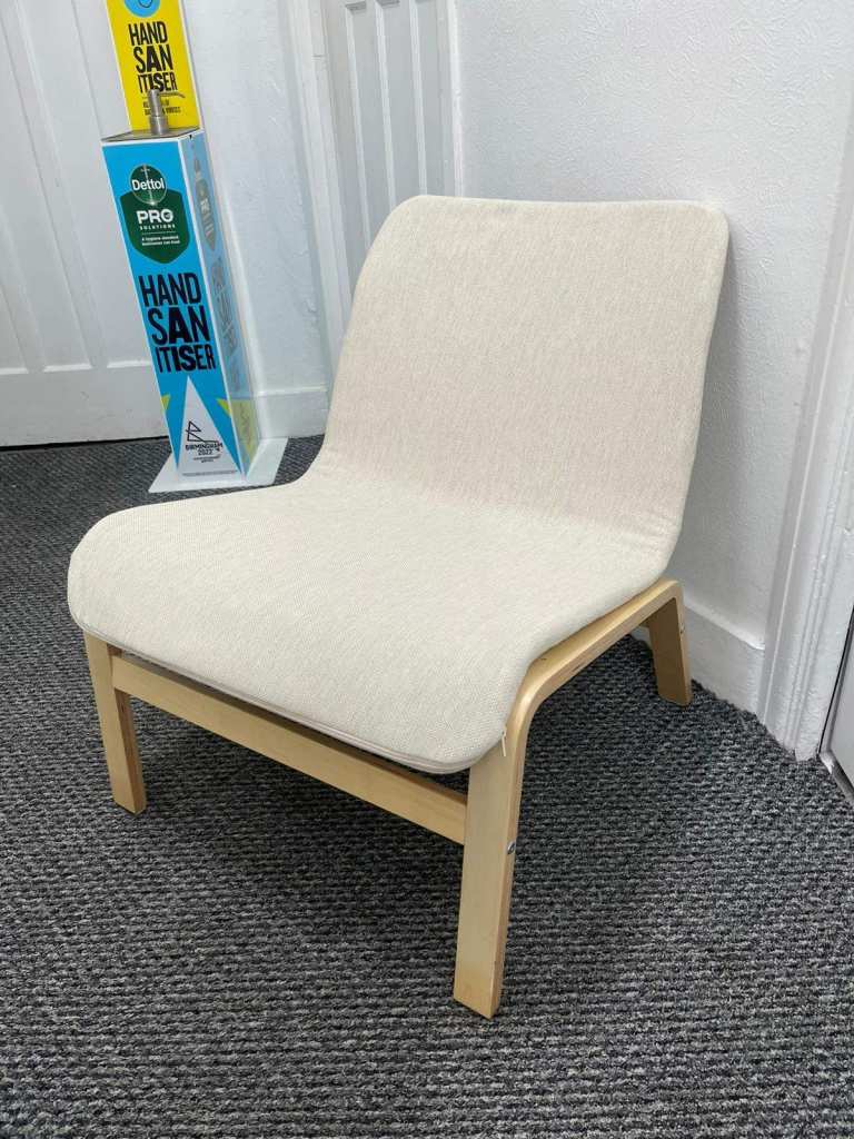 IKEA NOLMYRA Easy Chair, Beige Upholstery Fabric, Birch Veneer Wood Frame