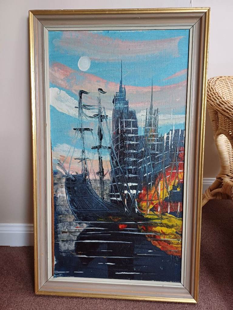 image for Oriental Framed Junk Boat Painting