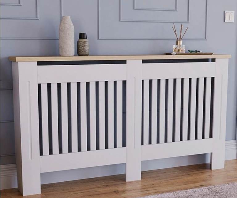 White Radiator Cover with Oak Top – As Good As New