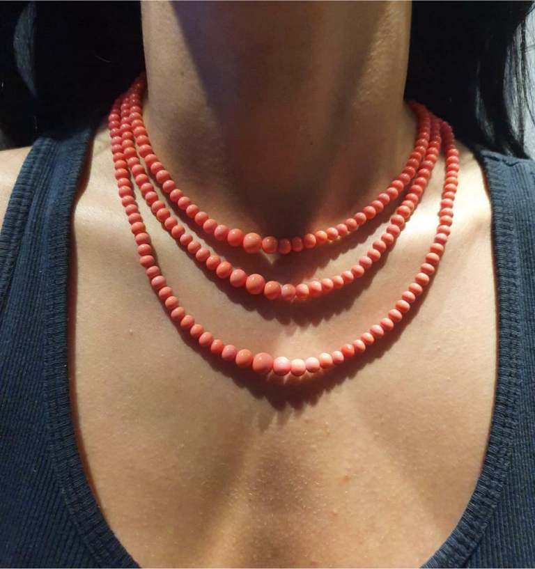 Triple Row Vintage Silver Pink Coral Art Deco Beaded Necklace