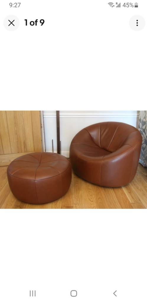 Ligne Roset Pumpkin model swivel brown leather armchair & footstool, designed by Pierre Paulin