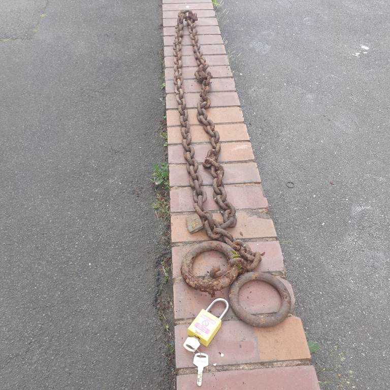 8 foot Old Heavy Chain With , Rings & A New Padlock & Key , Great Security & Peace Of Mind