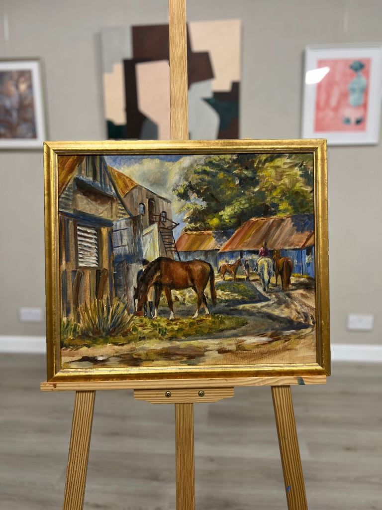 Signed Vintage Oil Painting Picture of Farmyard with Horses, Framed Original Artwork