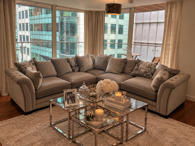 Large Grey Corner Sofa, Deep Seats with Studded Arms
