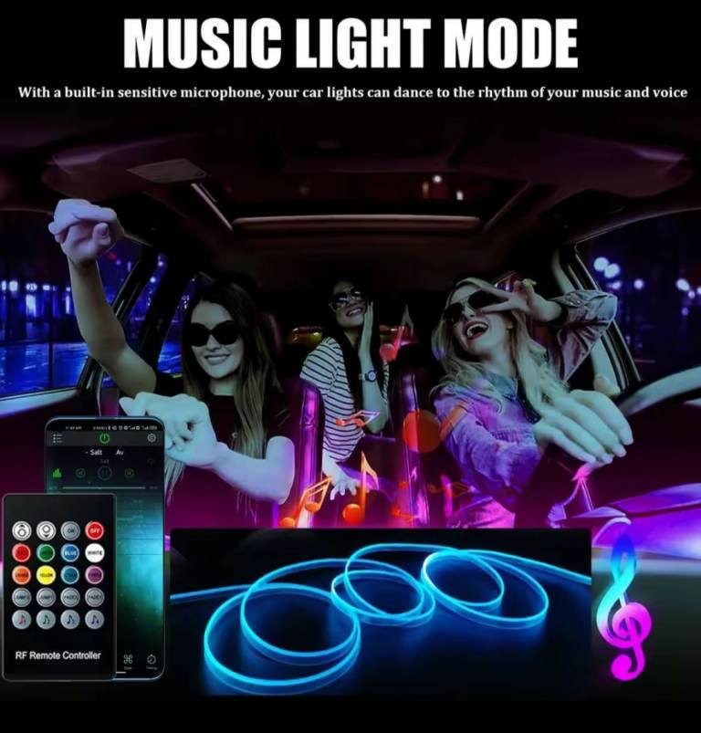 Car Interior Ambient LED Lighting Kit – App & Remote Control (6 Light Heads / 8m)