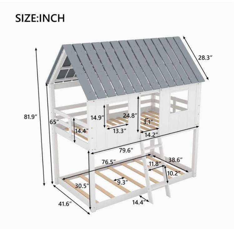 Kids House-Shaped Bunk Bed with Ladder – White Wood, £150.00 for Sale