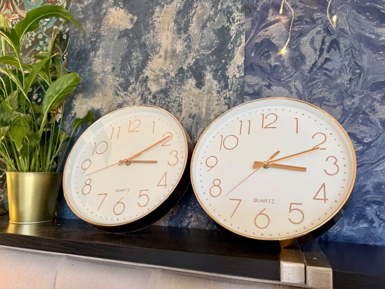 Two Stylish Quartz Wall Clocks - White with Gold Trim