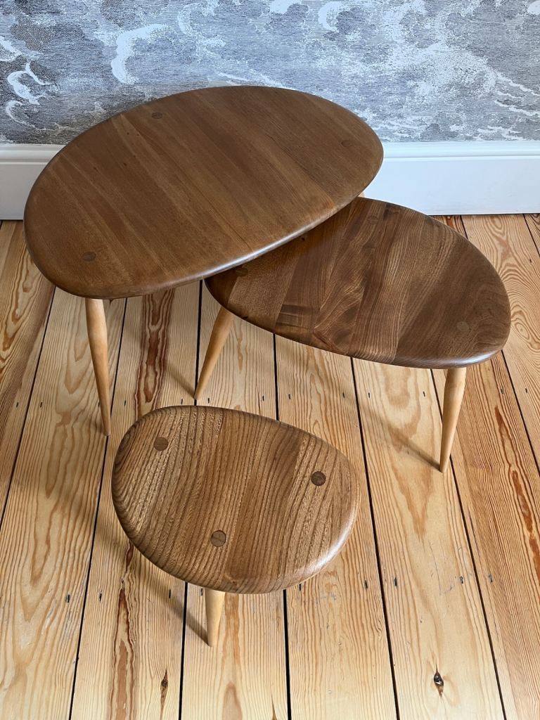 RENOVATED Vintage Retro 60s Mid Century Ercol Nest of Pebble Coffee / Side Tables model 354