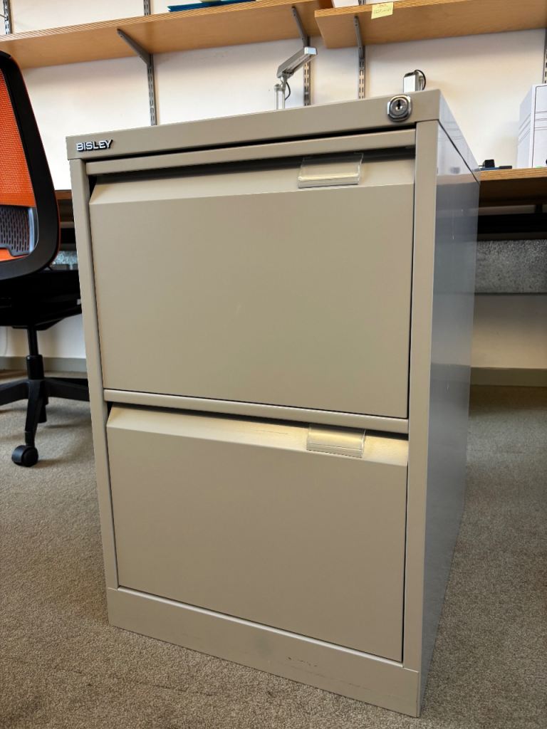Metal Bisley 2-drawer filing cabinet in grey with bonus hanging files included