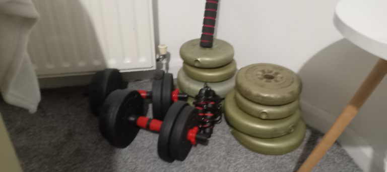 Skipping Rope + 60kg Vinyl Weights + 2 Dumbbell Bars + Barbell Extension – Home Gym Set