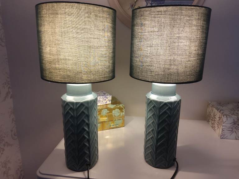 Pair of Green Ceramic Table Lamps with matching shades 