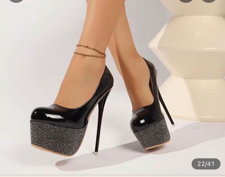 Stunning Black Platform Heels with Diamante Detail – As Good As New