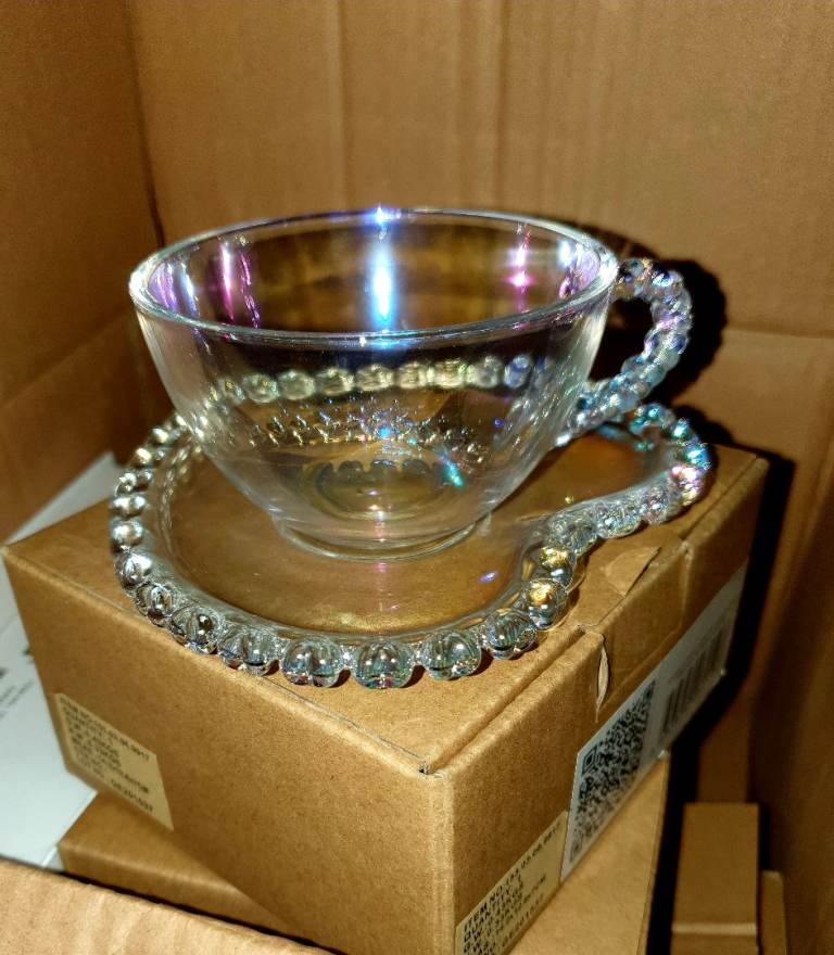 CLEAR Glass Tea Cup & Saucer, Espresso & Saucer, Dome Set - Brand New
