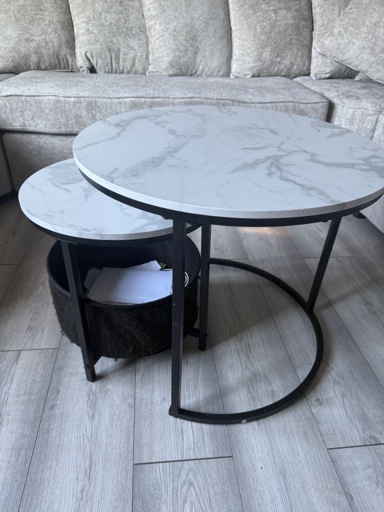 Nesting Coffee Tables - White Marble Effect with Black Frame