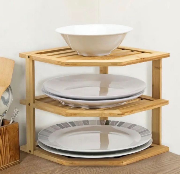 Bamboo 3-Tier Corner Shelf – Kitchen Plate Storage