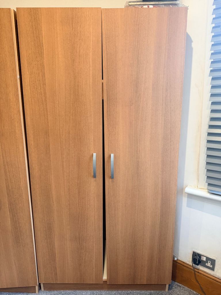 2 x (Two Door Freestanding Wardrobe Brown Wood Grain, Hanging Rail and shelf).