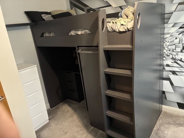 Kids High Cabin Bed with Desk & Wardrobe – Grey, Good Condition