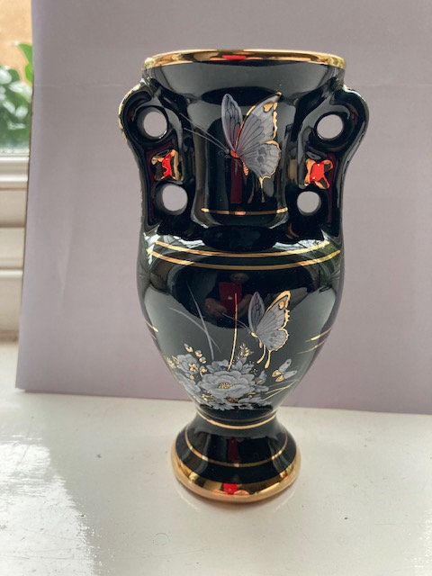 5" tall, lovely hand made Greek decorative urn, black and gold