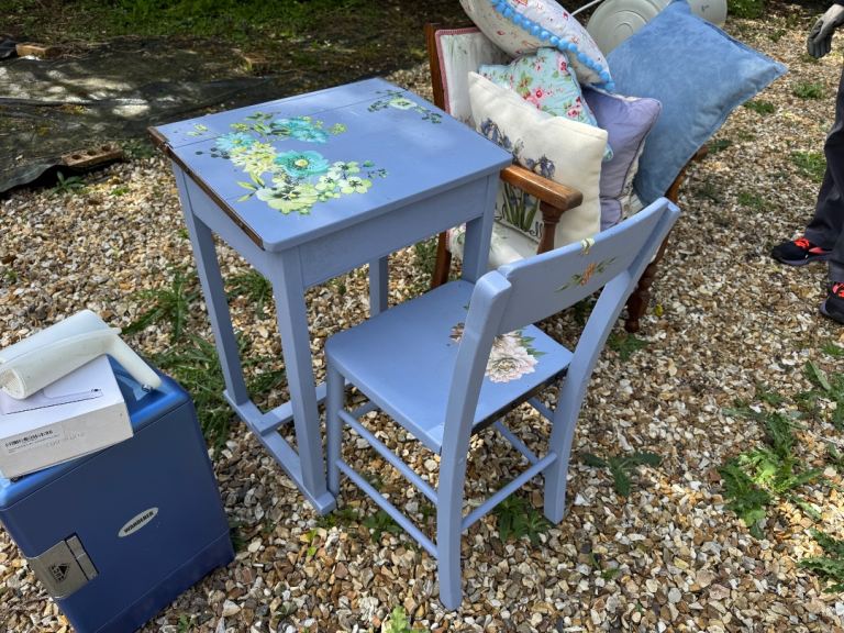 Kids Wooden Desk and Chair Set - Hand Painted Floral Design