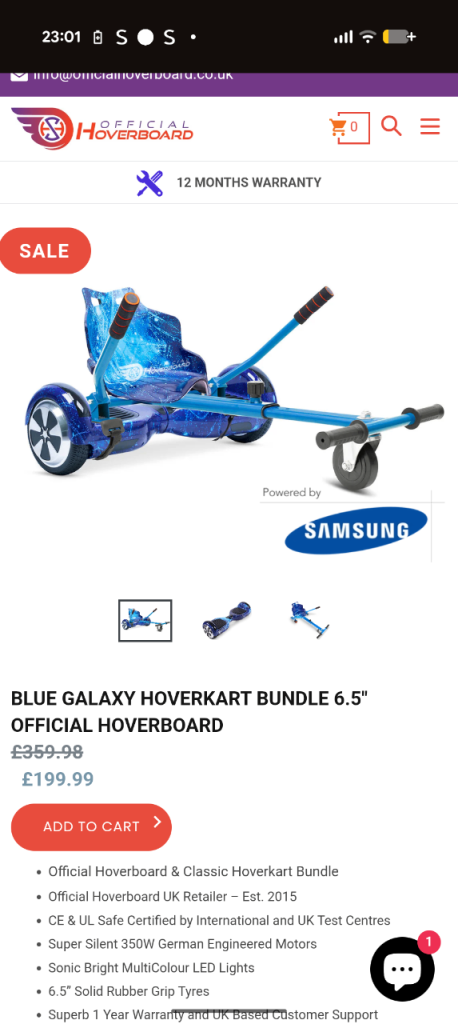 Blue galaxy hooverboard and cart