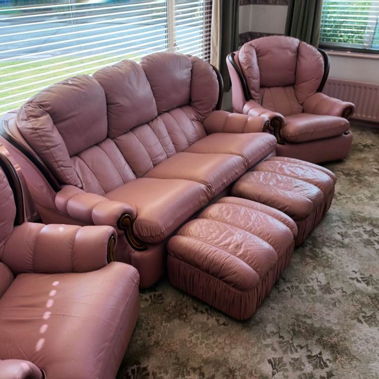 Free pink leather sofa suite with oak trim