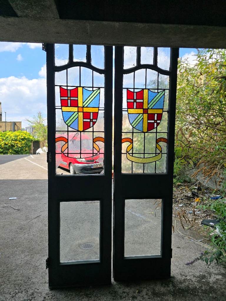 Pair of Grey Stained Glass Doors - Some Damage