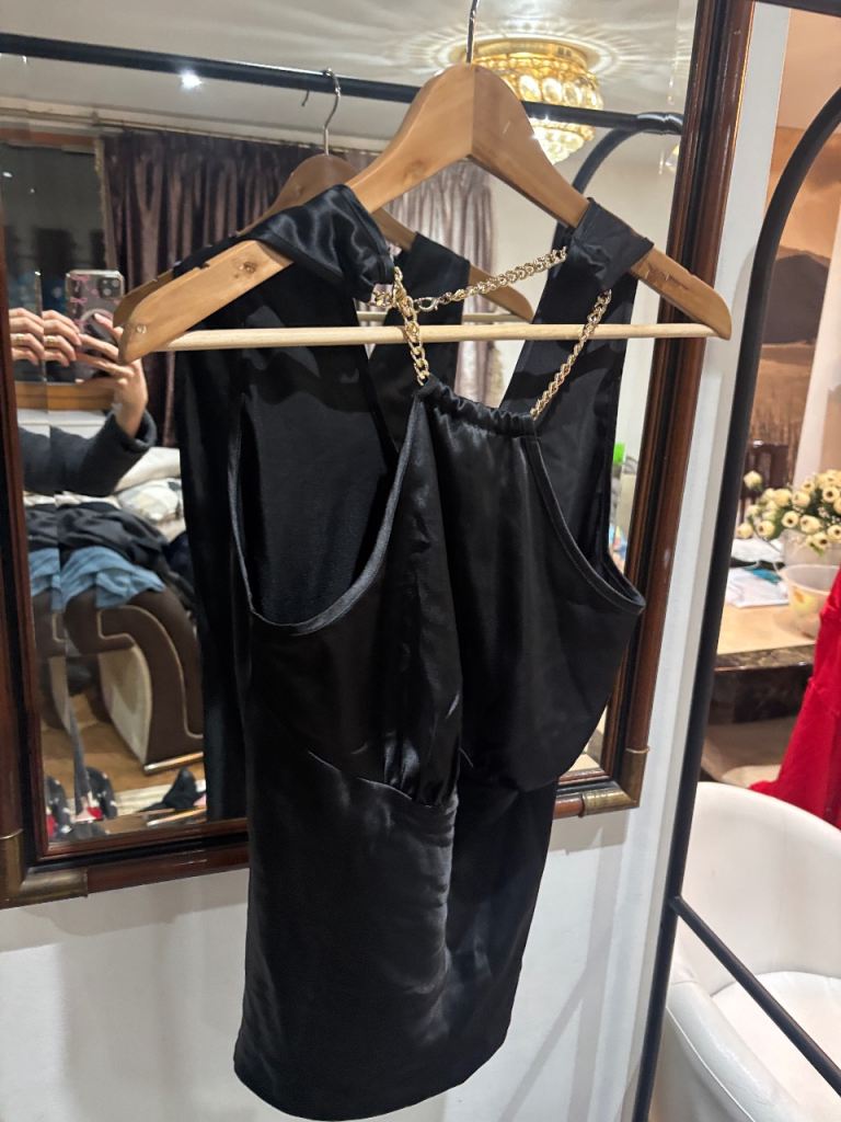 image for black satin- shirt with a gold chain neck