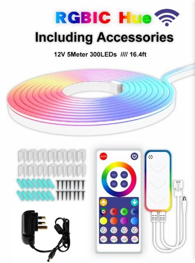 12V RGB Multiple Colours LED Neon Strip Light With Power Supply, Chasing / Flashing / Static Effects