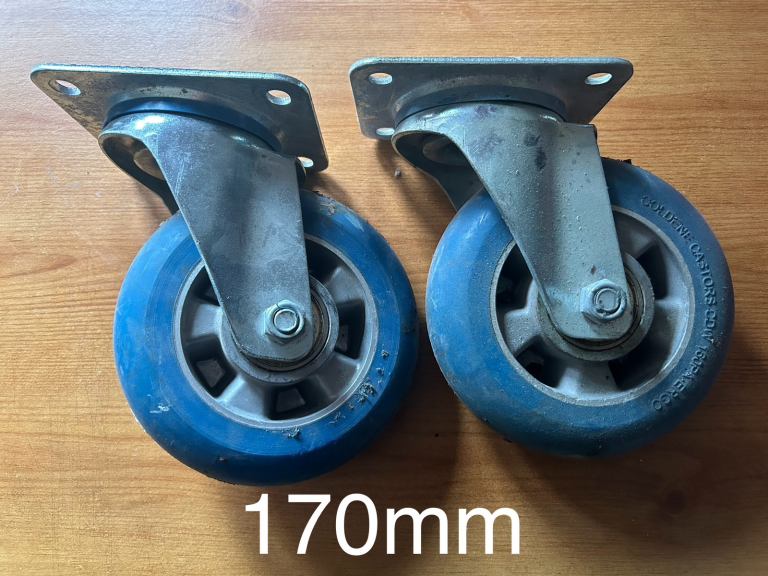 x2 170mm Coldene Blue Swivel Elastic Rubber Tyre Aluminium Centre Wheels 