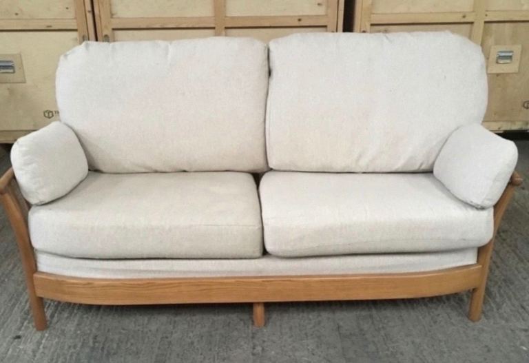 Ercol Vintage Renaissance High Back 2 Seater Sofa - Ash Frame Beige Cushions Vintage 