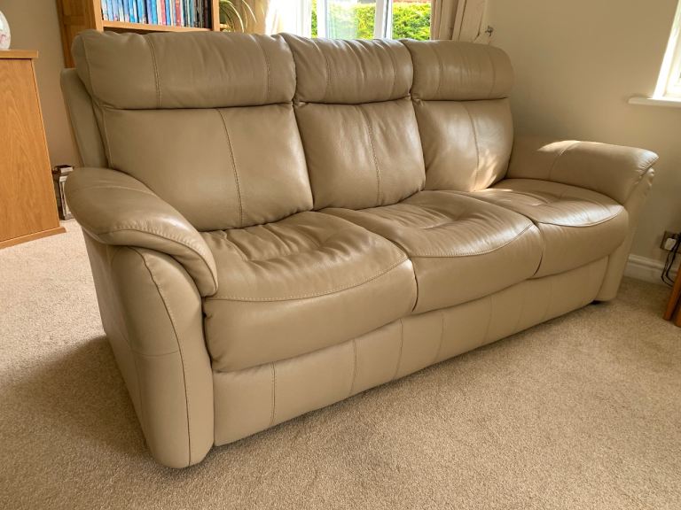 Three-Seater Beige Leather Sofa - Good Condition