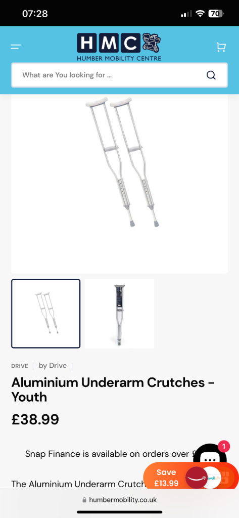 Aluminium Underarm Youth Crutches, walking aids