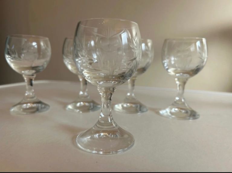 Vintage Set of 5 Hand Engraved Owl Wine Glasses Crystal Glass Goblets Barware