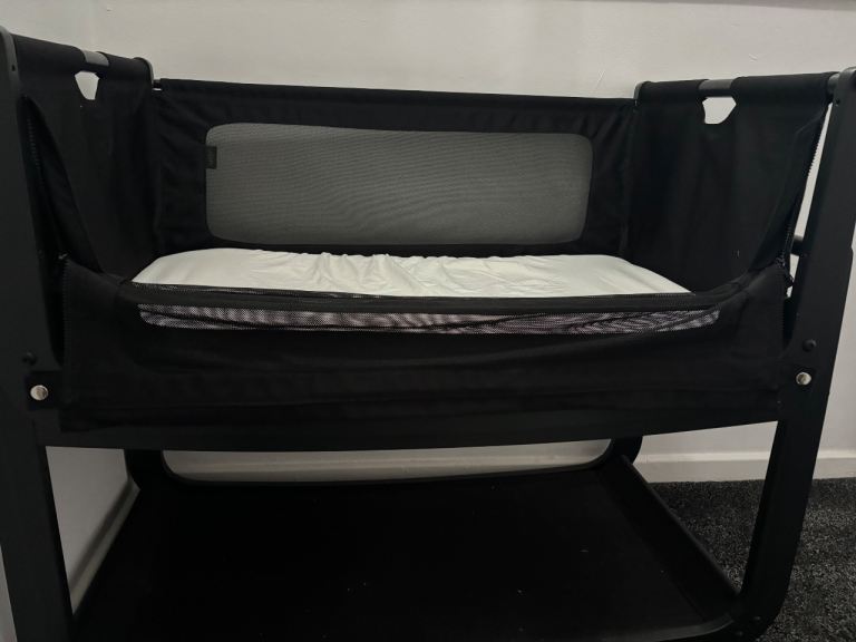 Black Fabric Baby Co-Sleeper / Bedside Crib - Very Good Condition