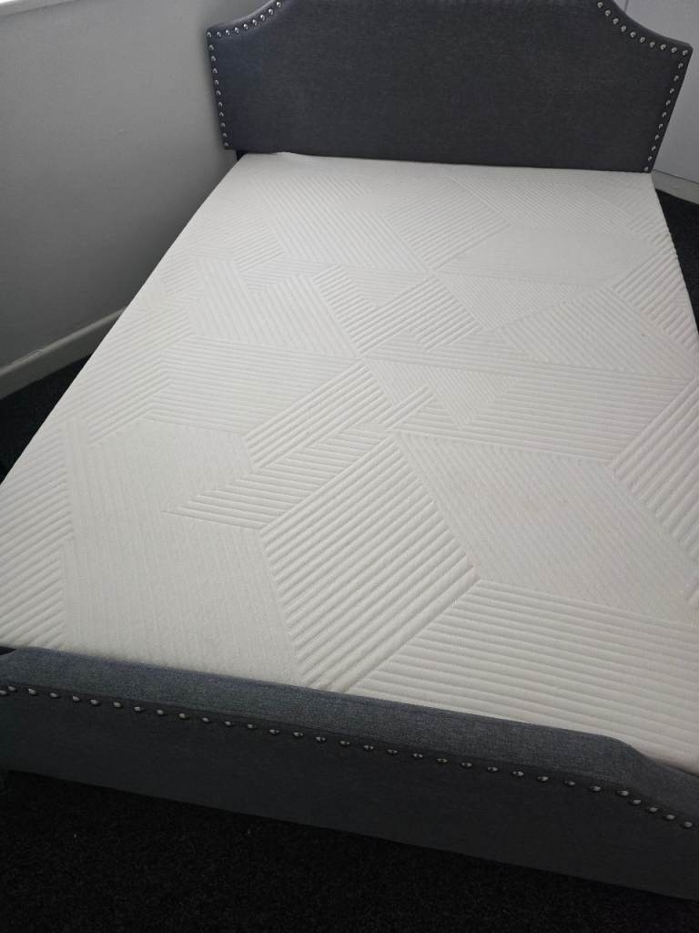 Double Bed with Fabric Headboard and Mattress – Good Condition