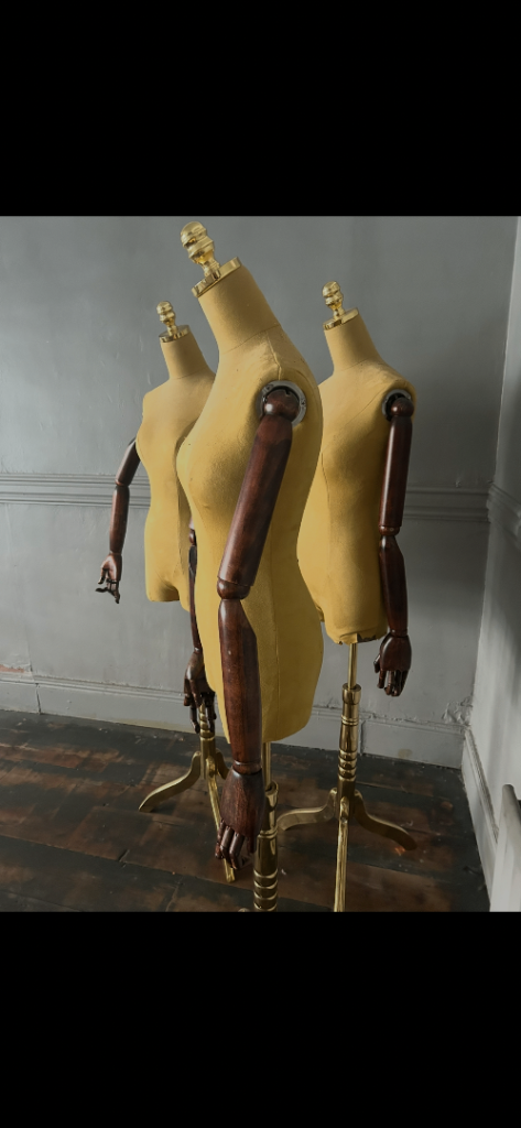Three Female Display Mannequins with Wooden Arms & Brass Bases