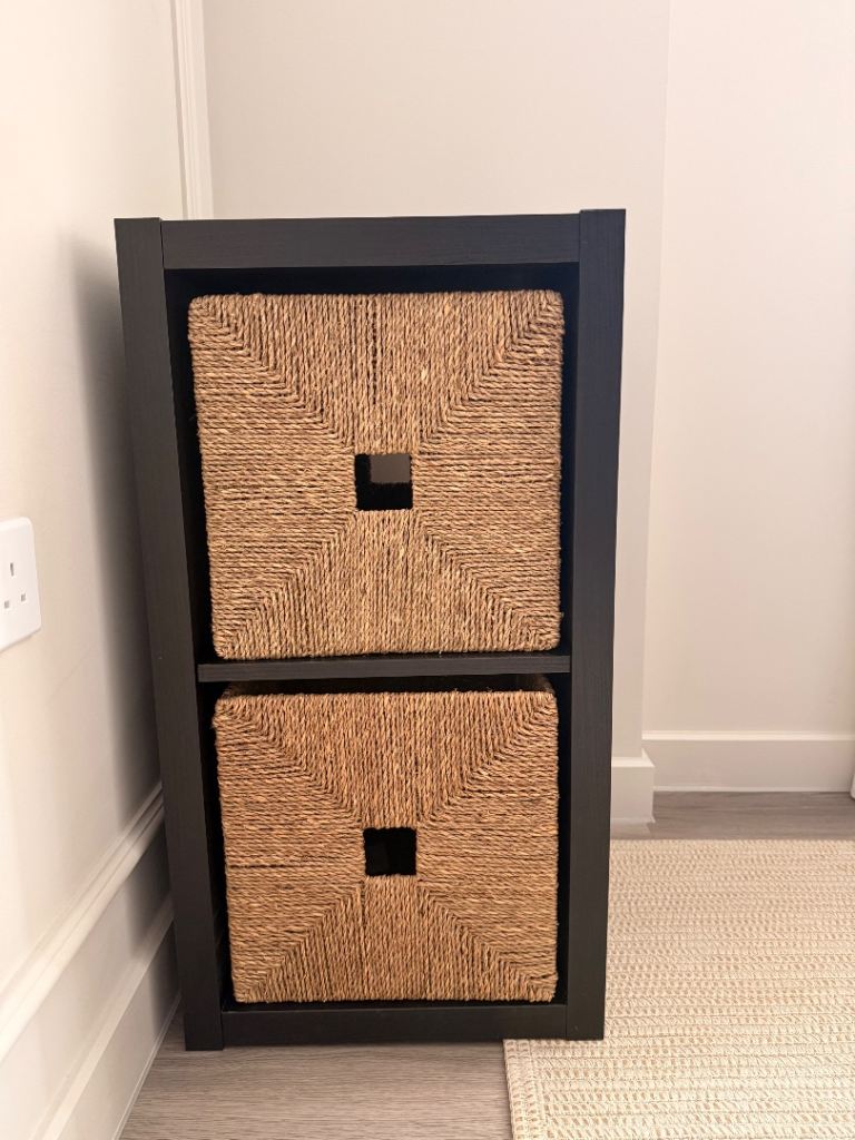 Black Storage Unit with Woven Baskets (IKEA KALLAX)