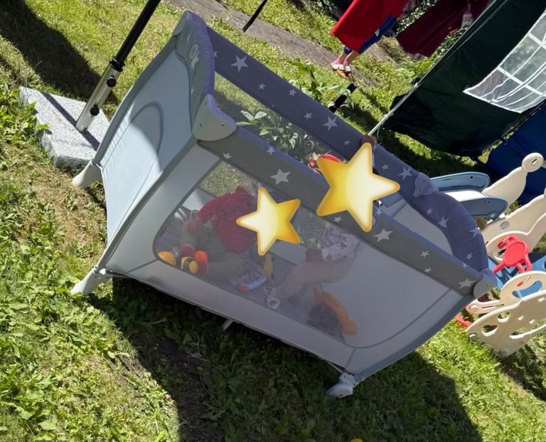 Baby Travel Cot with Stars Design – Grey, Good Condition