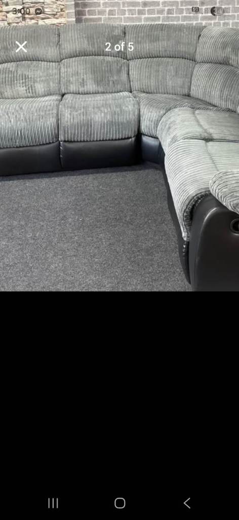 Grey corner sofa suite grey cord with recliners