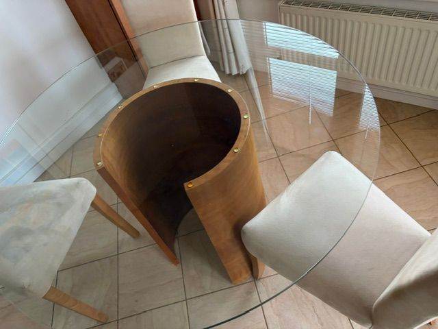 Glass Dining Table with Wooden Base plus 4 high backed chairs